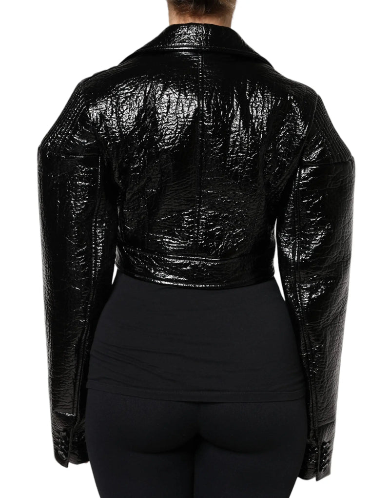 Black Leather Cropped Long Sleeve Coat Jacket Dolce & Gabbana