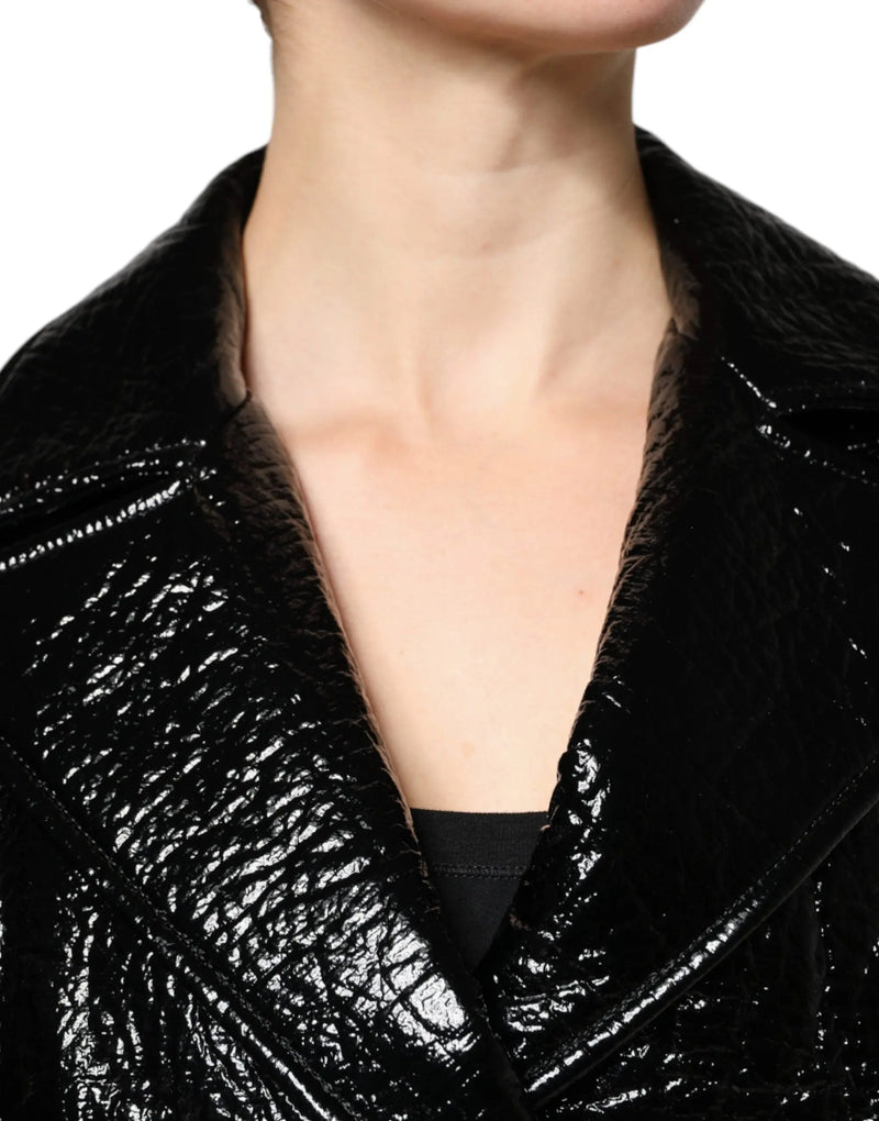 Black Leather Cropped Long Sleeve Coat Jacket Dolce & Gabbana