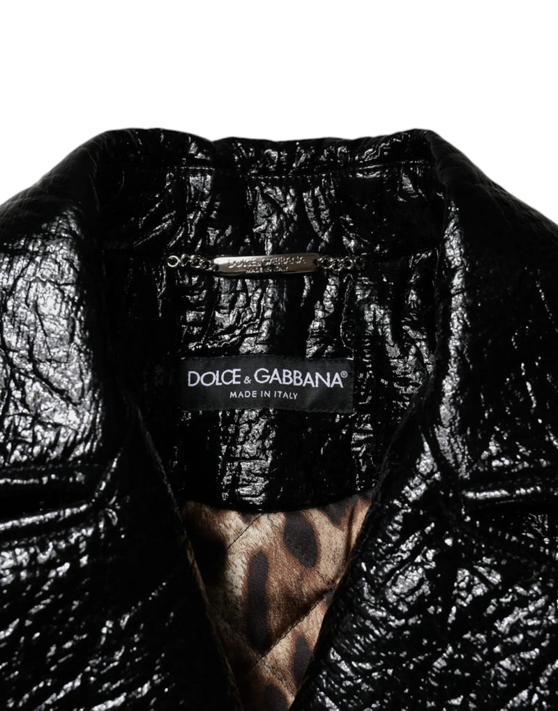 Black Leather Cropped Long Sleeve Coat Jacket Dolce & Gabbana