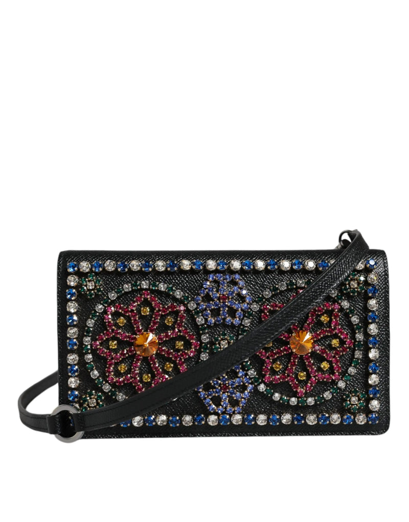 Black Leather Crystal Shoulder Crossbody Clutch Bag Dolce & Gabbana