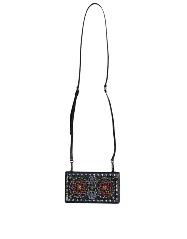 Black Leather Crystal Shoulder Crossbody Clutch Bag Dolce & Gabbana