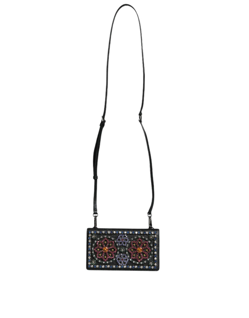 Black Leather Crystal Shoulder Crossbody Clutch Bag Dolce & Gabbana