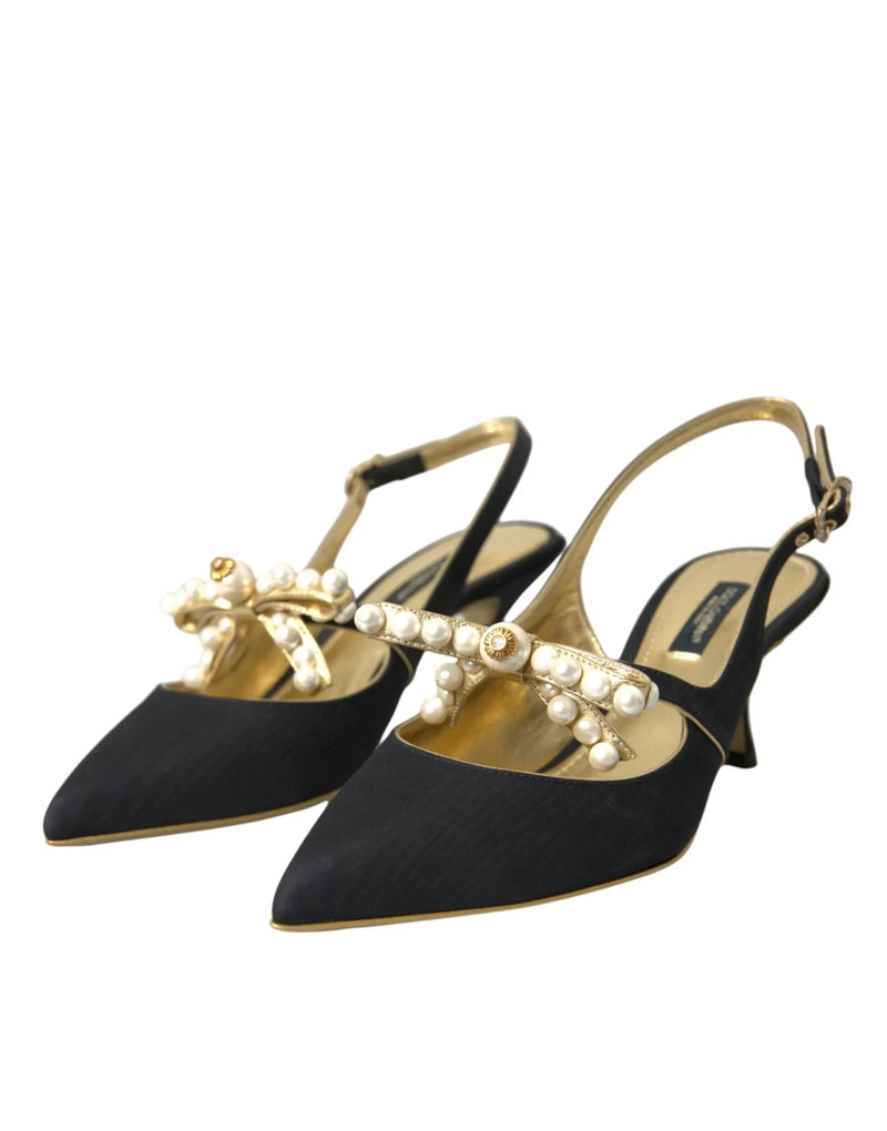 Black Leather Faux Pearls Slingbacks Shoes Dolce & Gabbana