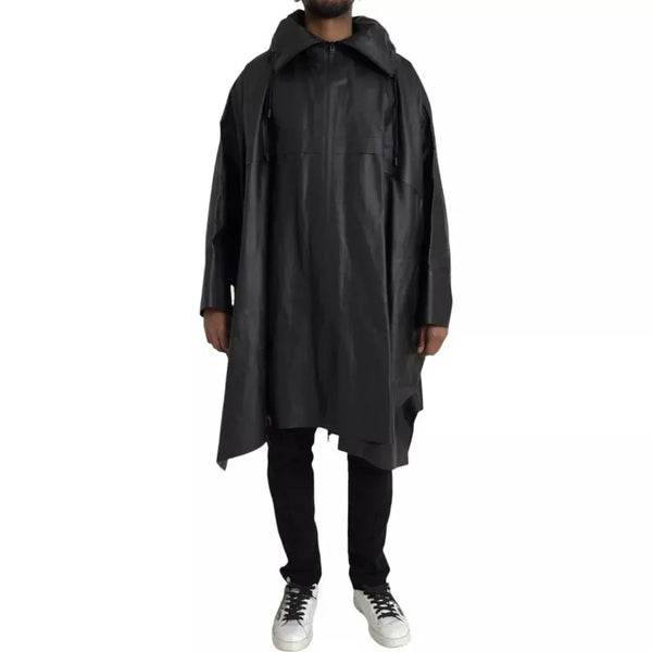 Black Leather Hooded Men Trenchcoat Jacket Bottega Veneta