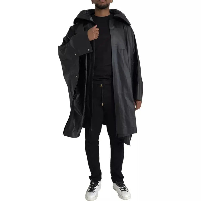 Black Leather Hooded Men Trenchcoat Jacket Bottega Veneta