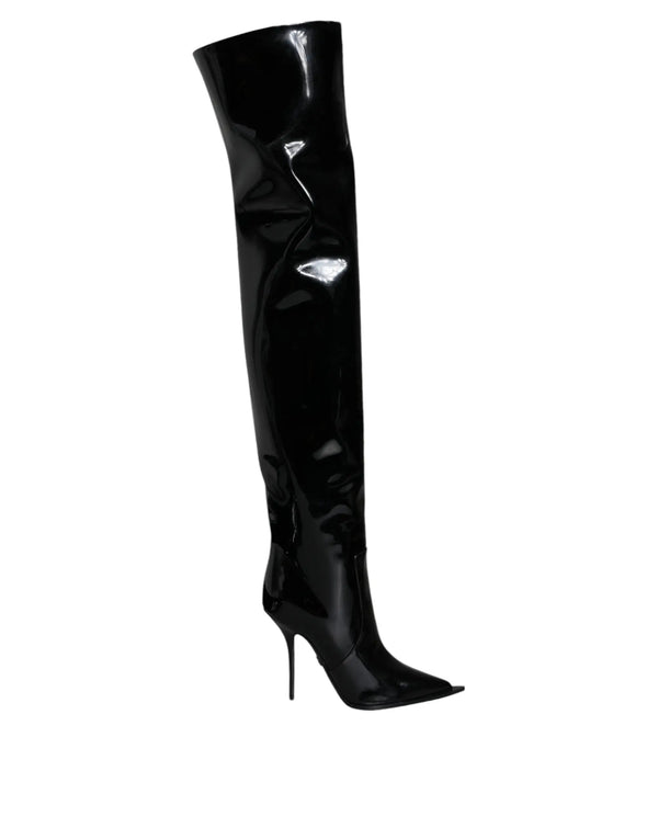 Black Patent Leather Knee High Boots Shoes Dolce & Gabbana