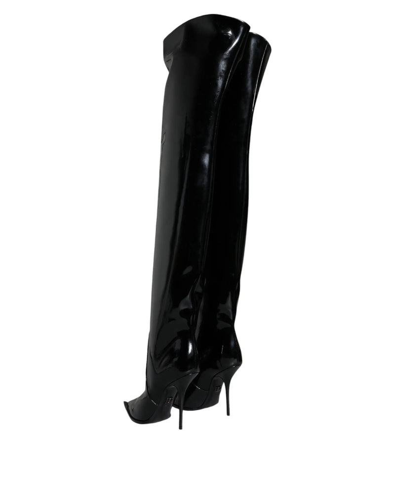 Black Patent Leather Knee High Boots Shoes Dolce & Gabbana