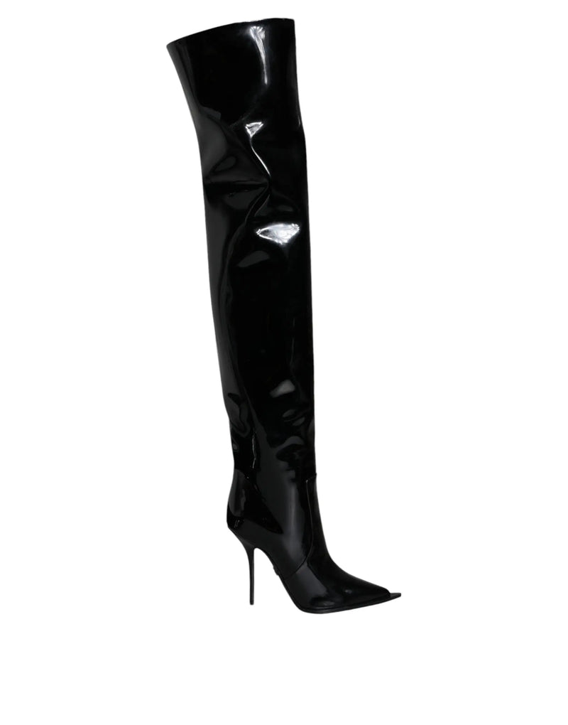 Black Patent Leather Knee High Boots Shoes Dolce & Gabbana