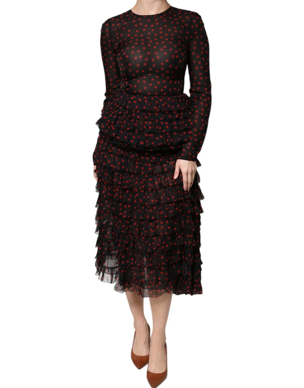 Black Red Polka Dot Silk Layered Midi Dress Dolce & Gabbana