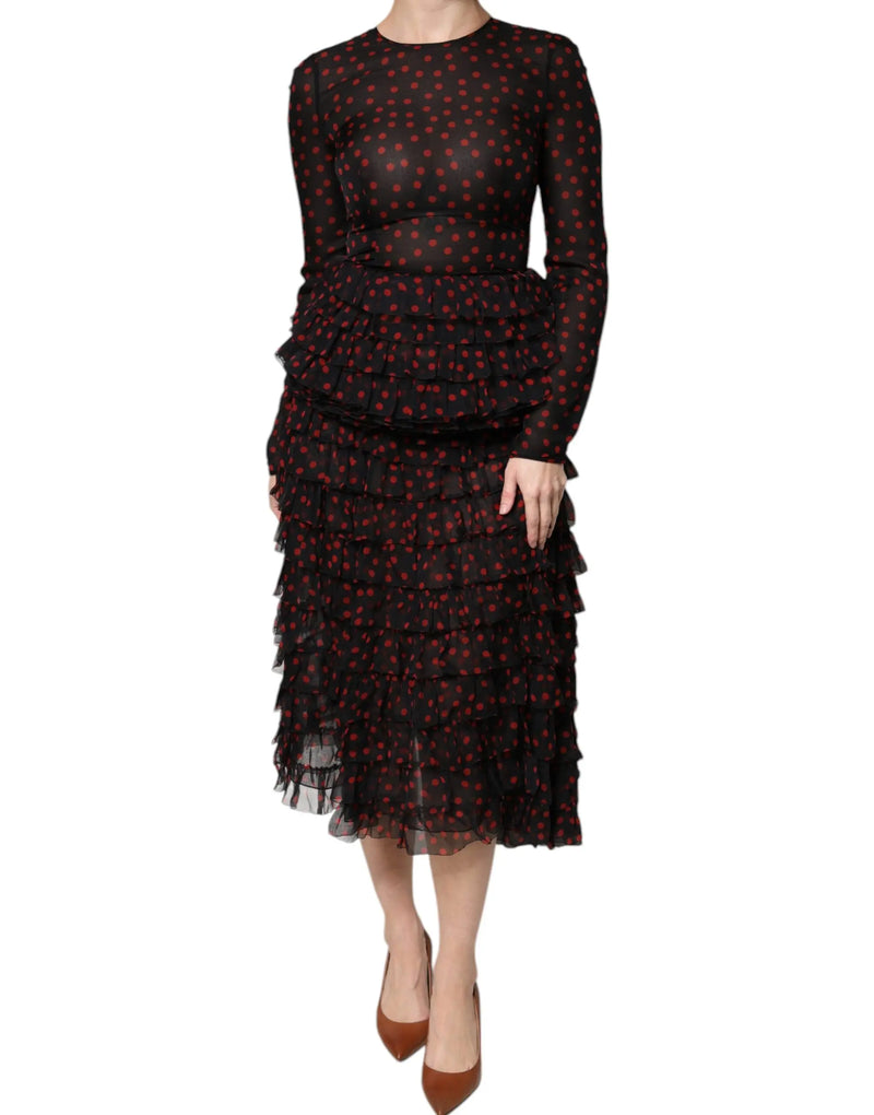 Black Red Polka Dot Silk Layered Midi Dress Dolce & Gabbana