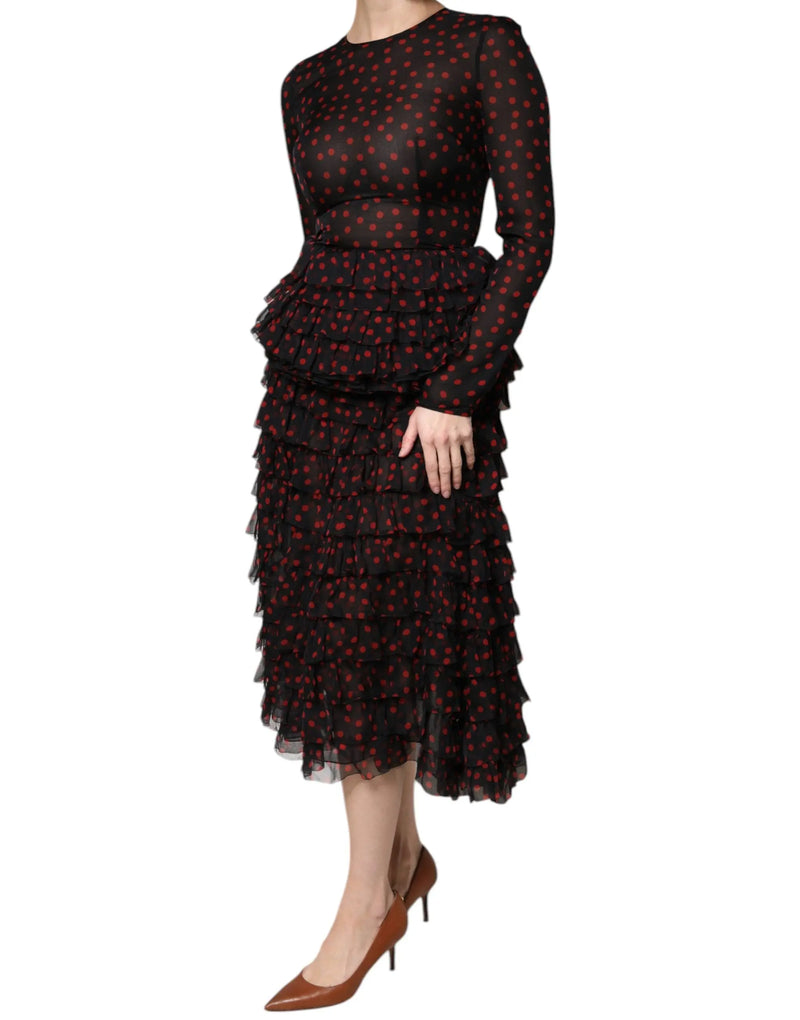 Black Red Polka Dot Silk Layered Midi Dress Dolce & Gabbana