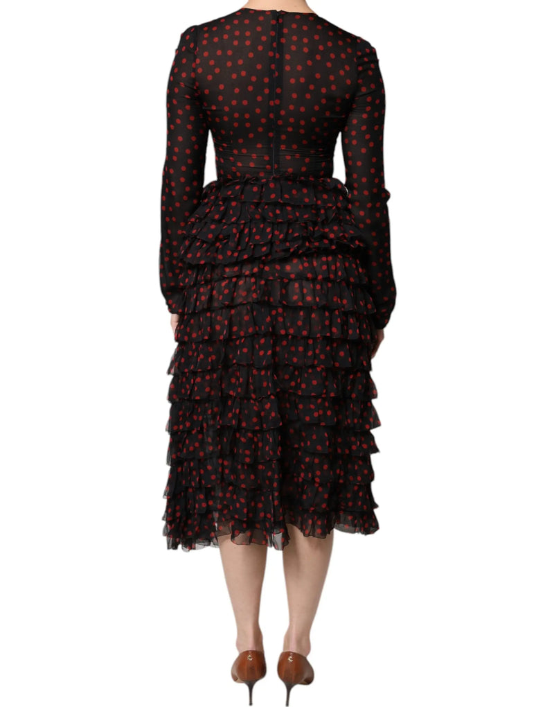 Black Red Polka Dot Silk Layered Midi Dress Dolce & Gabbana