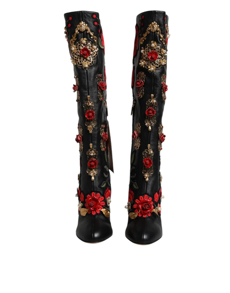 Black Roses Embellished Leather Heel Boots Shoes Dolce & Gabbana