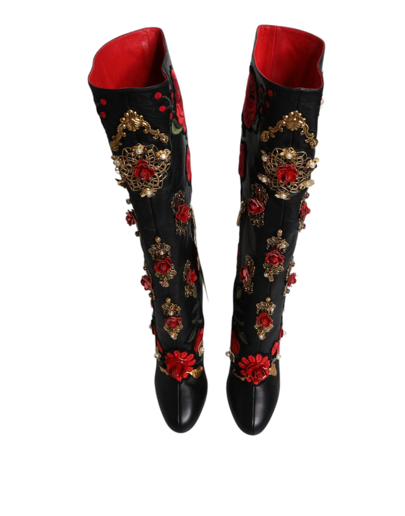 Black Roses Embellished Leather Heel Boots Shoes Dolce & Gabbana