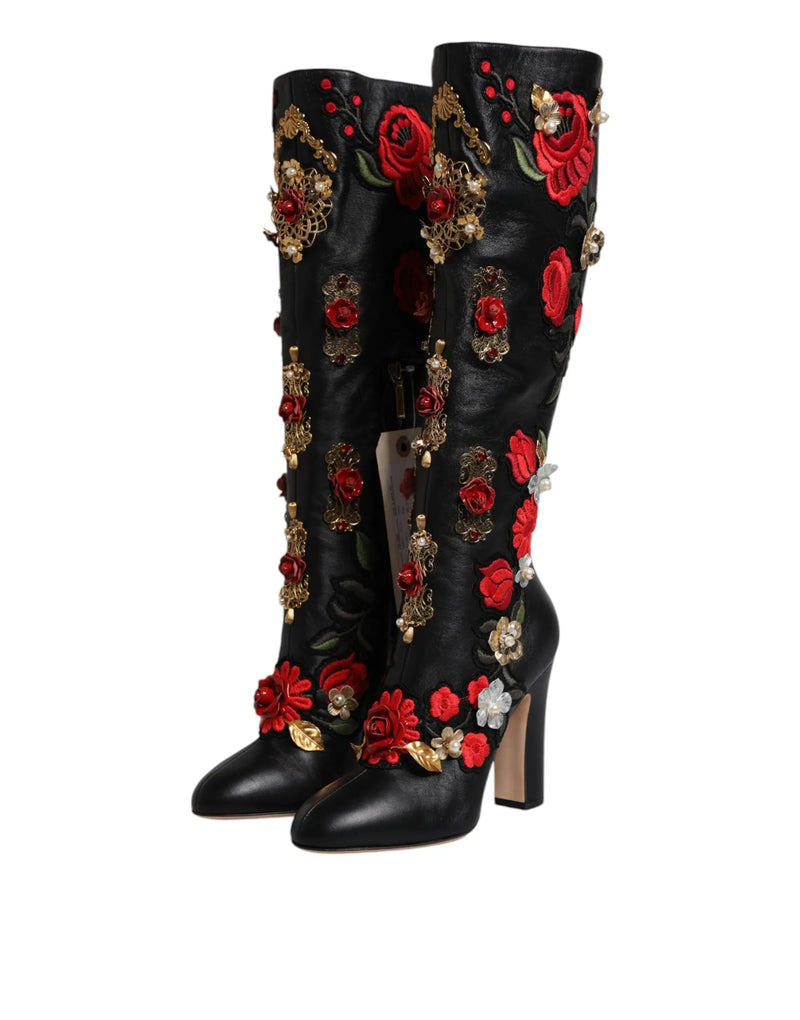 Black Roses Embellished Leather Heel Boots Shoes Dolce & Gabbana