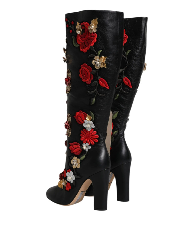 Black Roses Embellished Leather Heel Boots Shoes Dolce & Gabbana