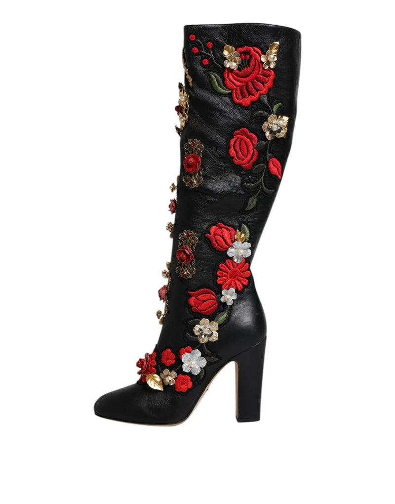 Black Roses Embellished Leather Heel Boots Shoes Dolce & Gabbana