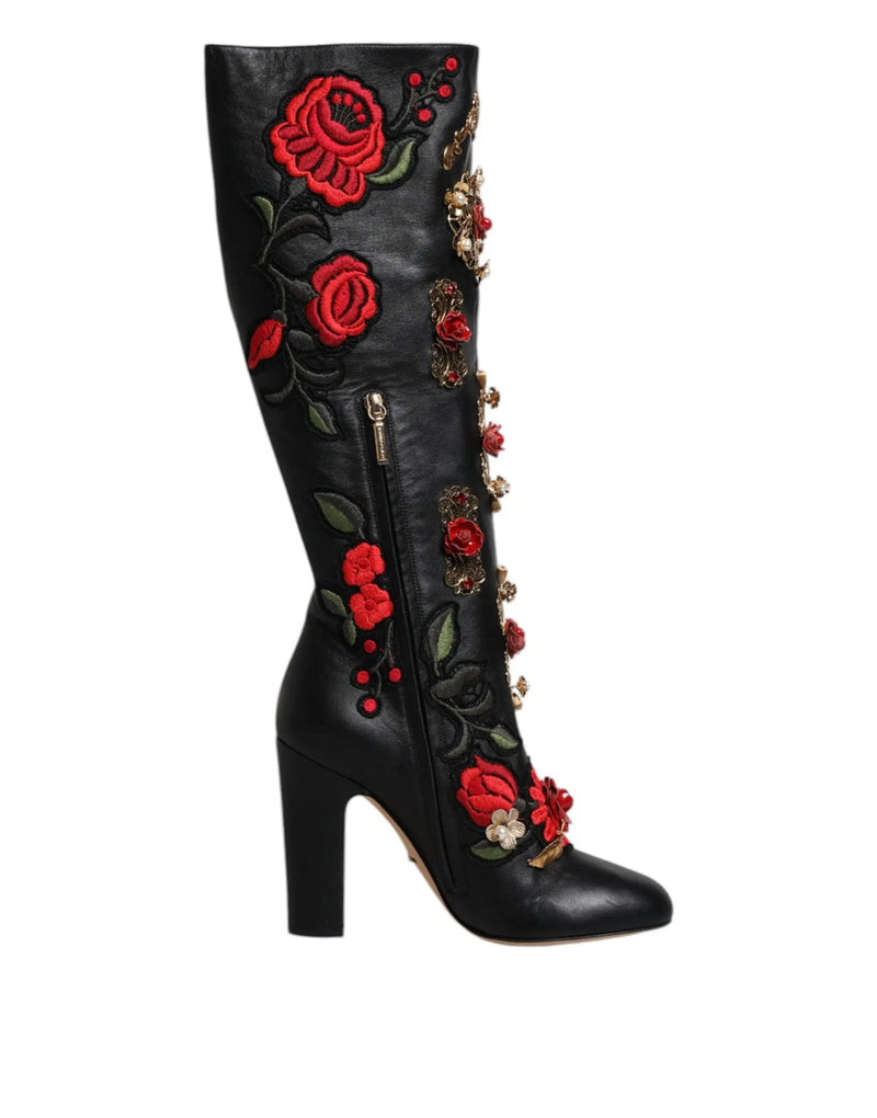 Black Roses Embellished Leather Heel Boots Shoes Dolce & Gabbana