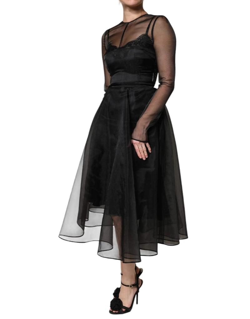 Black Tulle A-line Midi Cocktail Gown Dress Dolce & Gabbana