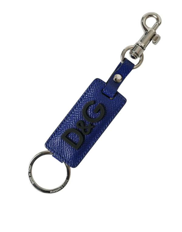 Blue Calf Leather DG Logo Silver Brass Keyring Keychain Dolce & Gabbana