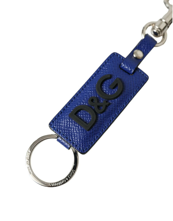 Blue Calf Leather DG Logo Silver Brass Keyring Keychain Dolce & Gabbana