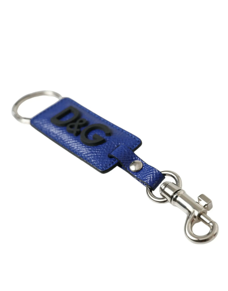 Blue Calf Leather DG Logo Silver Brass Keyring Keychain Dolce & Gabbana