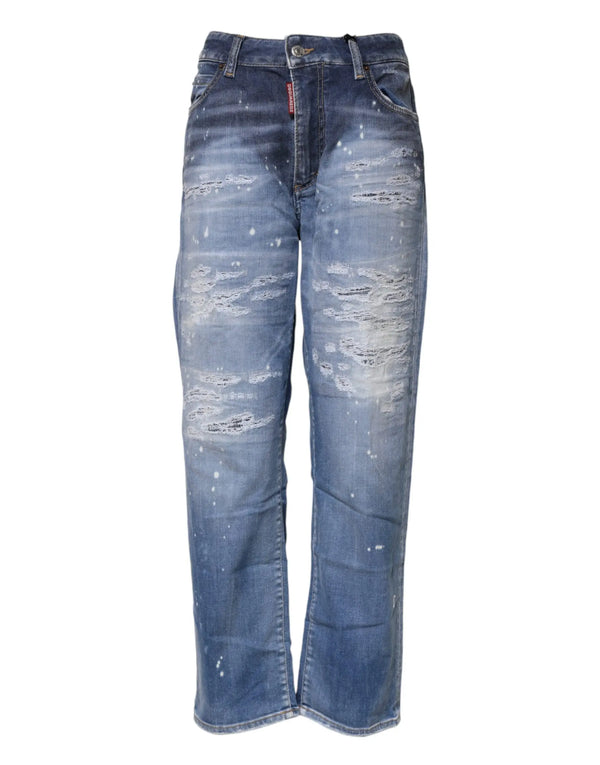 Blue Tattered Cotton Mid Waist Straight Denim Jeans Dsquared²
