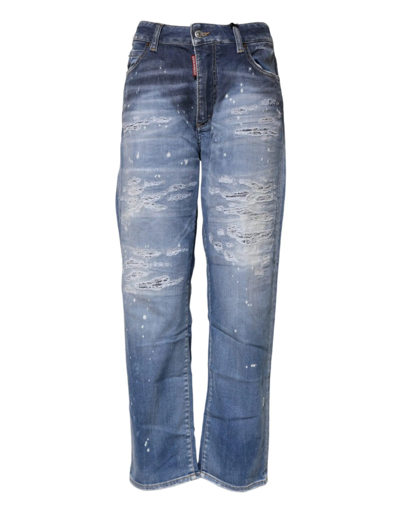 Blue Tattered Cotton Mid Waist Straight Denim Jeans Dsquared²