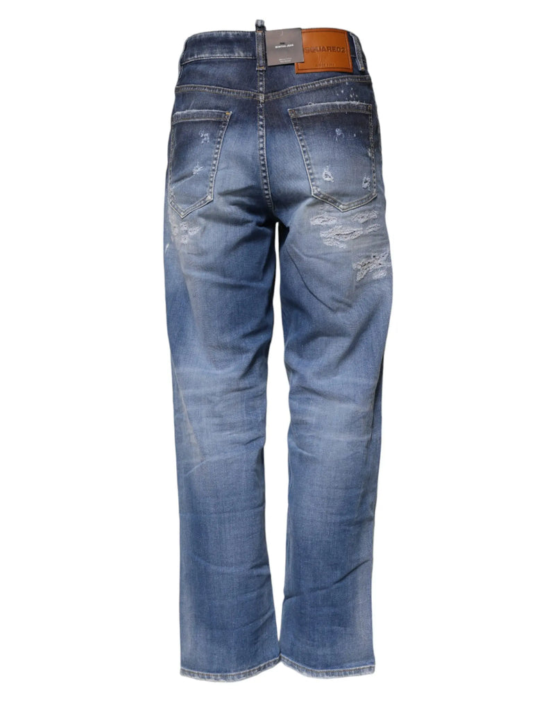 Blue Tattered Cotton Mid Waist Straight Denim Jeans Dsquared²