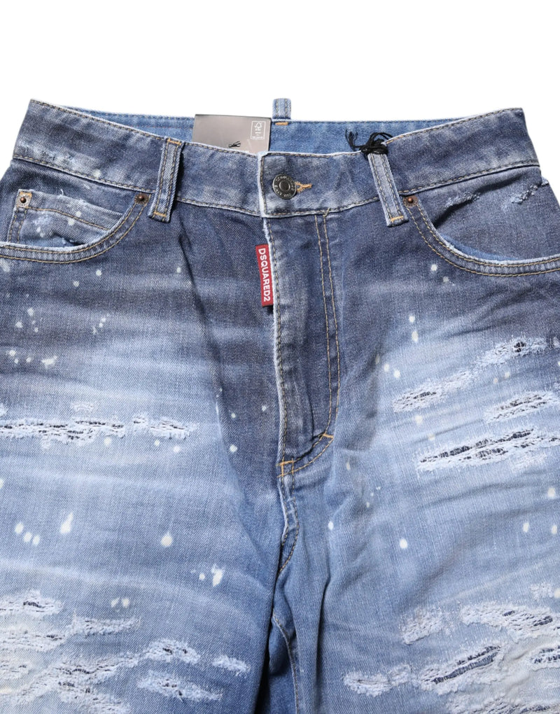 Blue Tattered Cotton Mid Waist Straight Denim Jeans Dsquared²