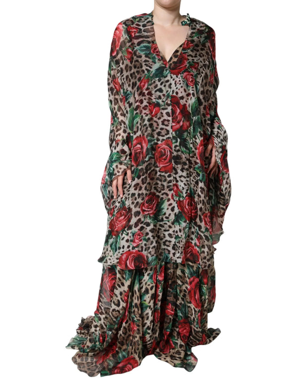 Brown Leopard Red Roses Silk Long Gown Dress Dolce & Gabbana