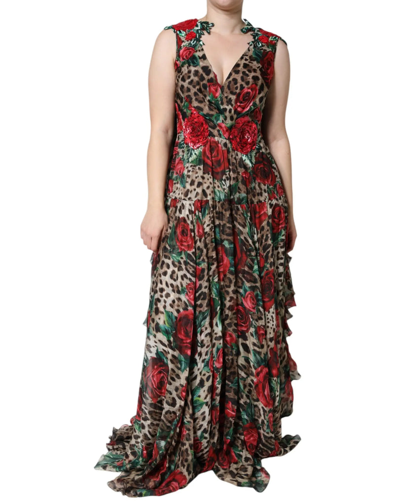 Brown Leopard Red Roses Silk Long Gown Dress Dolce & Gabbana