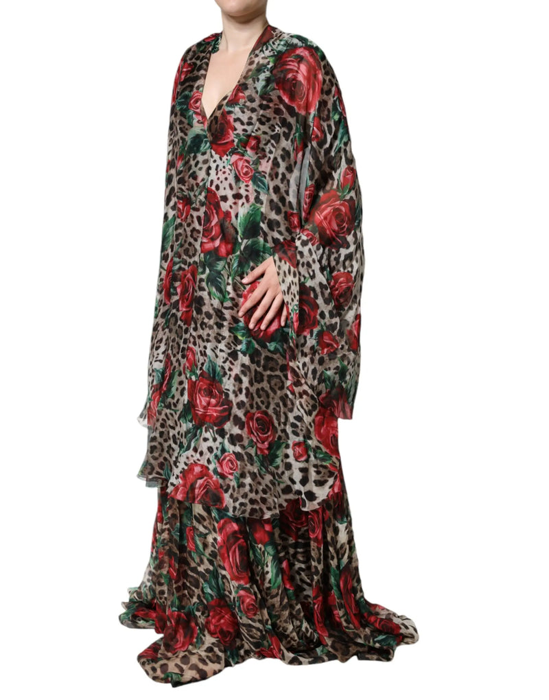 Brown Leopard Red Roses Silk Long Gown Dress Dolce & Gabbana