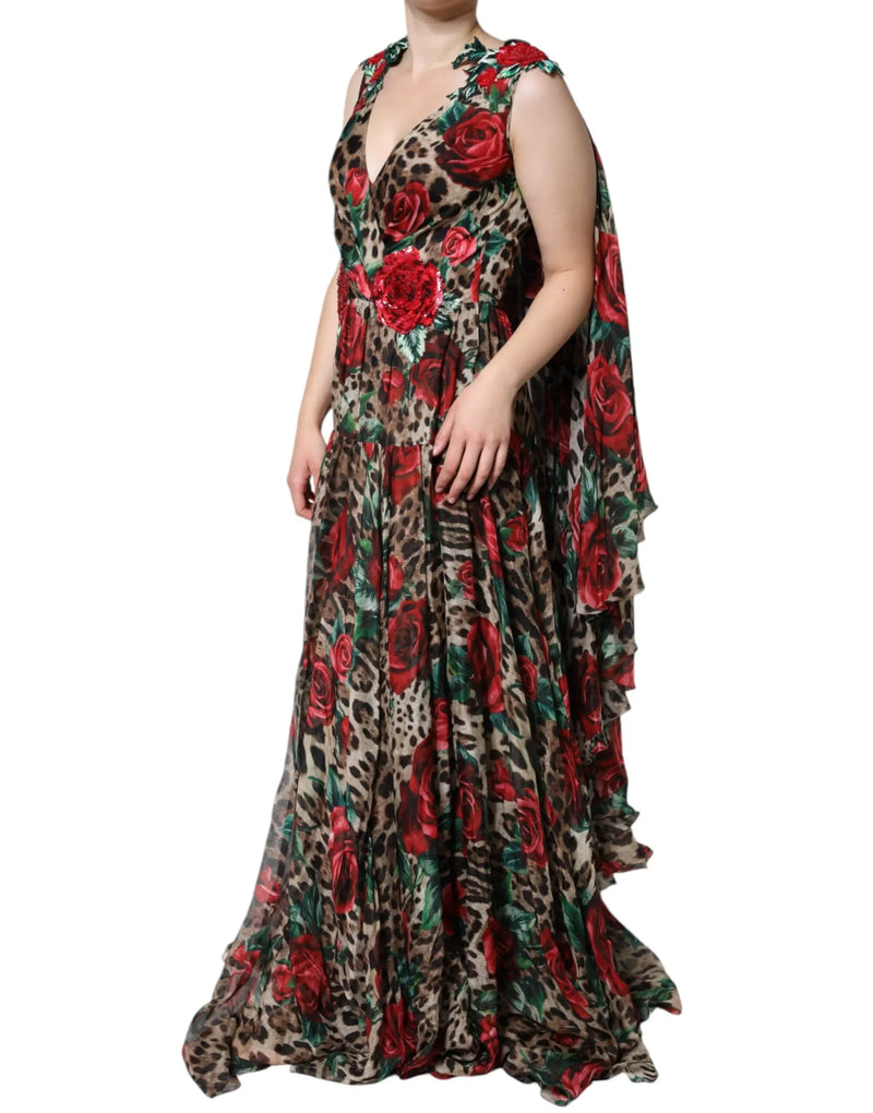 Brown Leopard Red Roses Silk Long Gown Dress Dolce & Gabbana