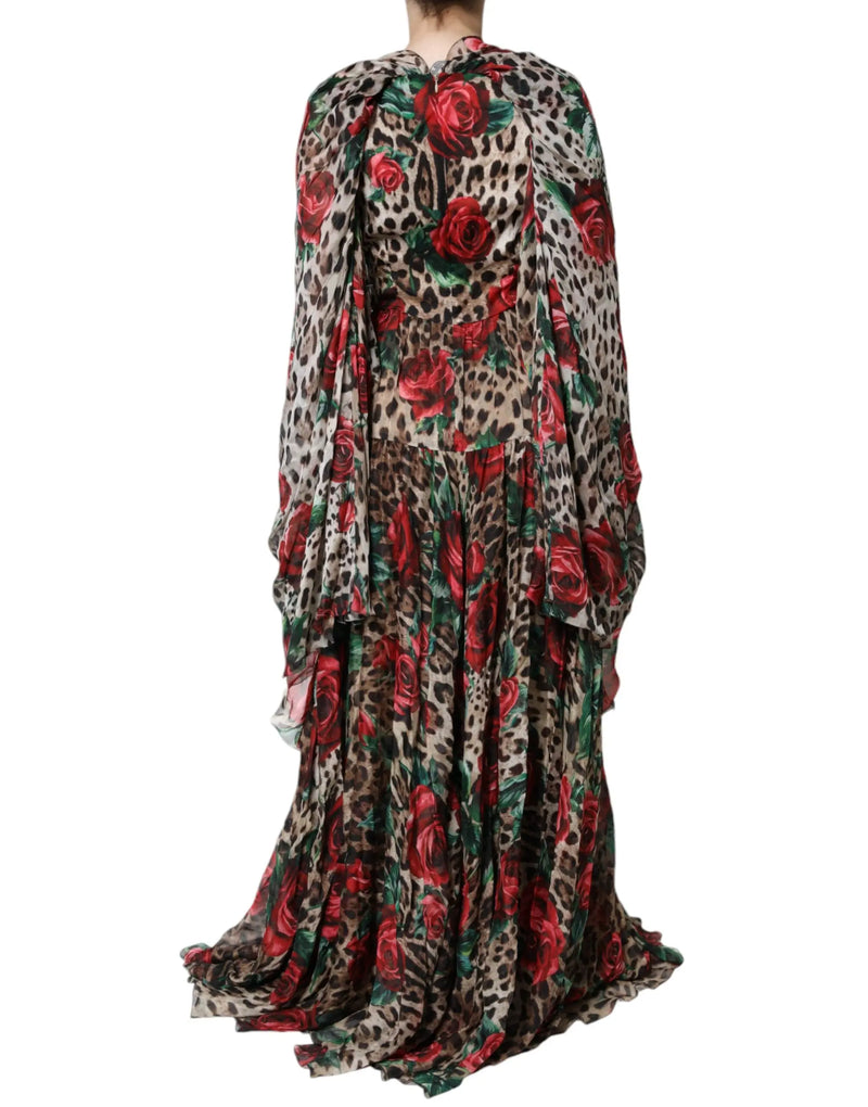 Brown Leopard Red Roses Silk Long Gown Dress Dolce & Gabbana