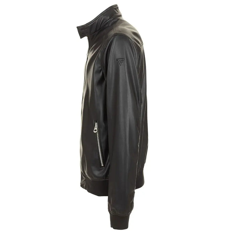 Eco-Leather Zip-Up Jacket with Buttoned Collar Fred Mello