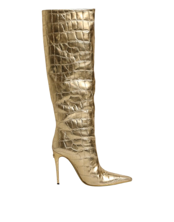 Gold Leather Stiletto Heels High Boots Shoes Dolce & Gabbana