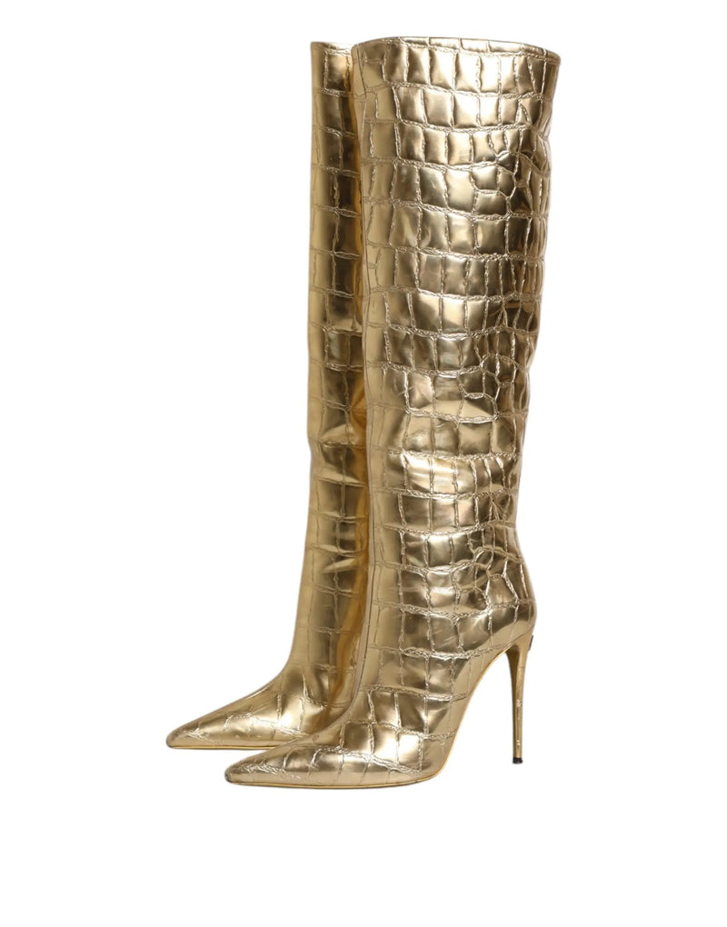 Gold Leather Stiletto Heels High Boots Shoes Dolce & Gabbana