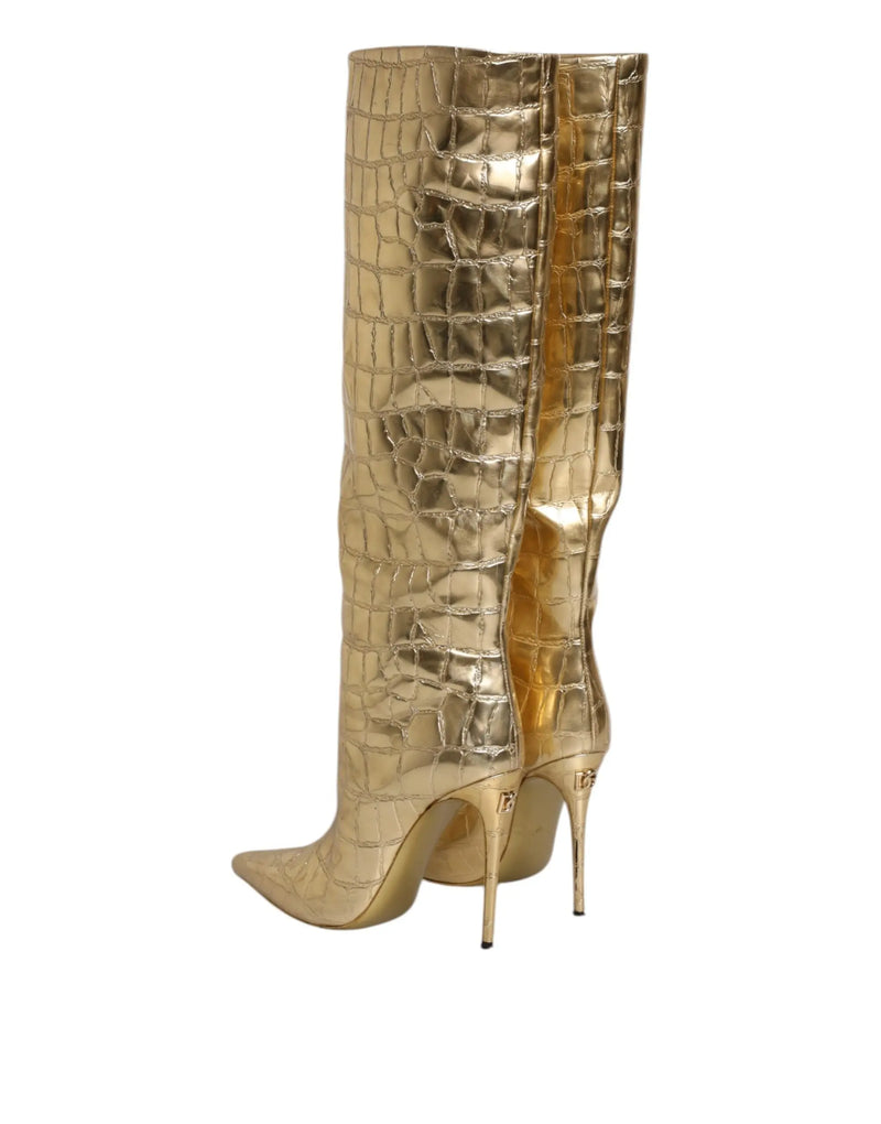 Gold Leather Stiletto Heels High Boots Shoes Dolce & Gabbana