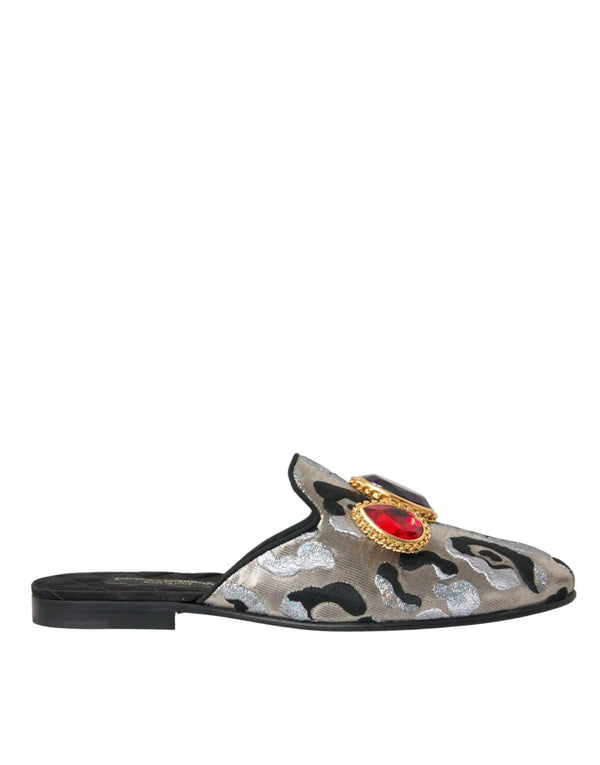 Gray Jacquard Crystal Mule Flat Sandals Shoes Dolce & Gabbana