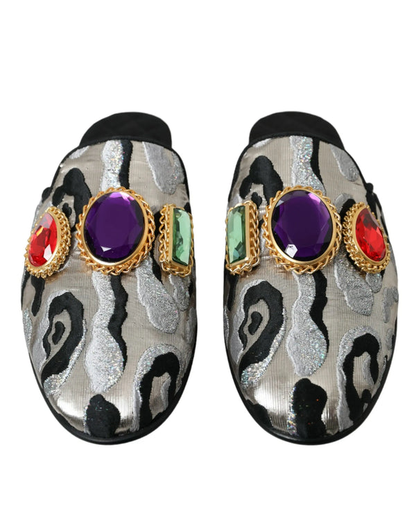 Gray Jacquard Crystal Mule Flat Sandals Shoes Dolce & Gabbana