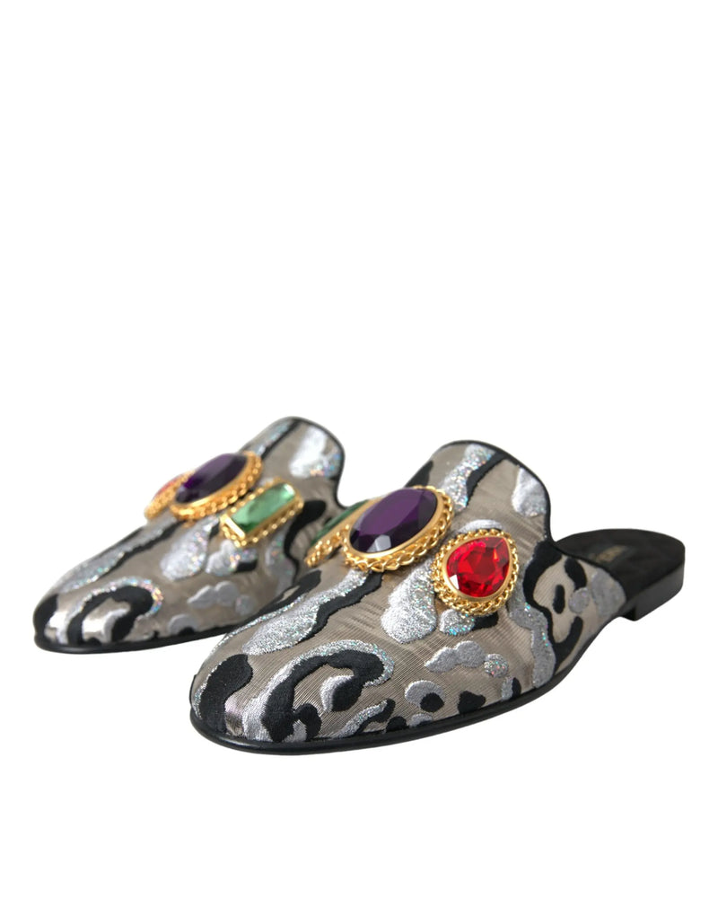 Gray Jacquard Crystal Mule Flat Sandals Shoes Dolce & Gabbana