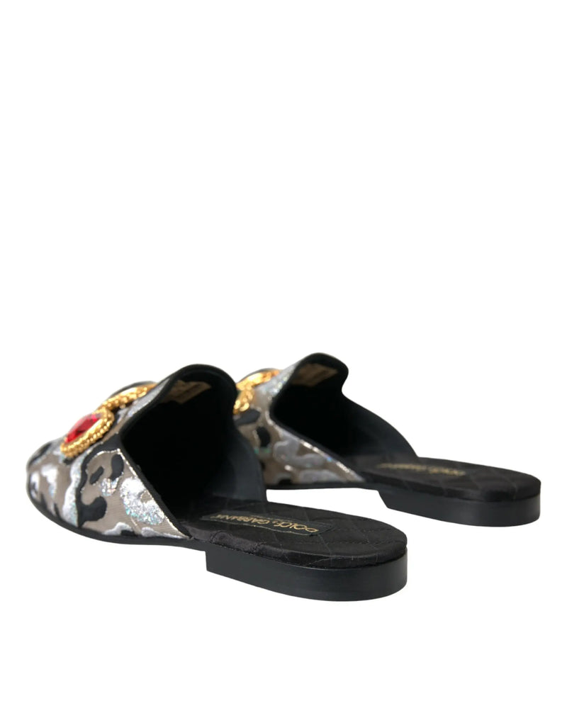 Gray Jacquard Crystal Mule Flat Sandals Shoes Dolce & Gabbana