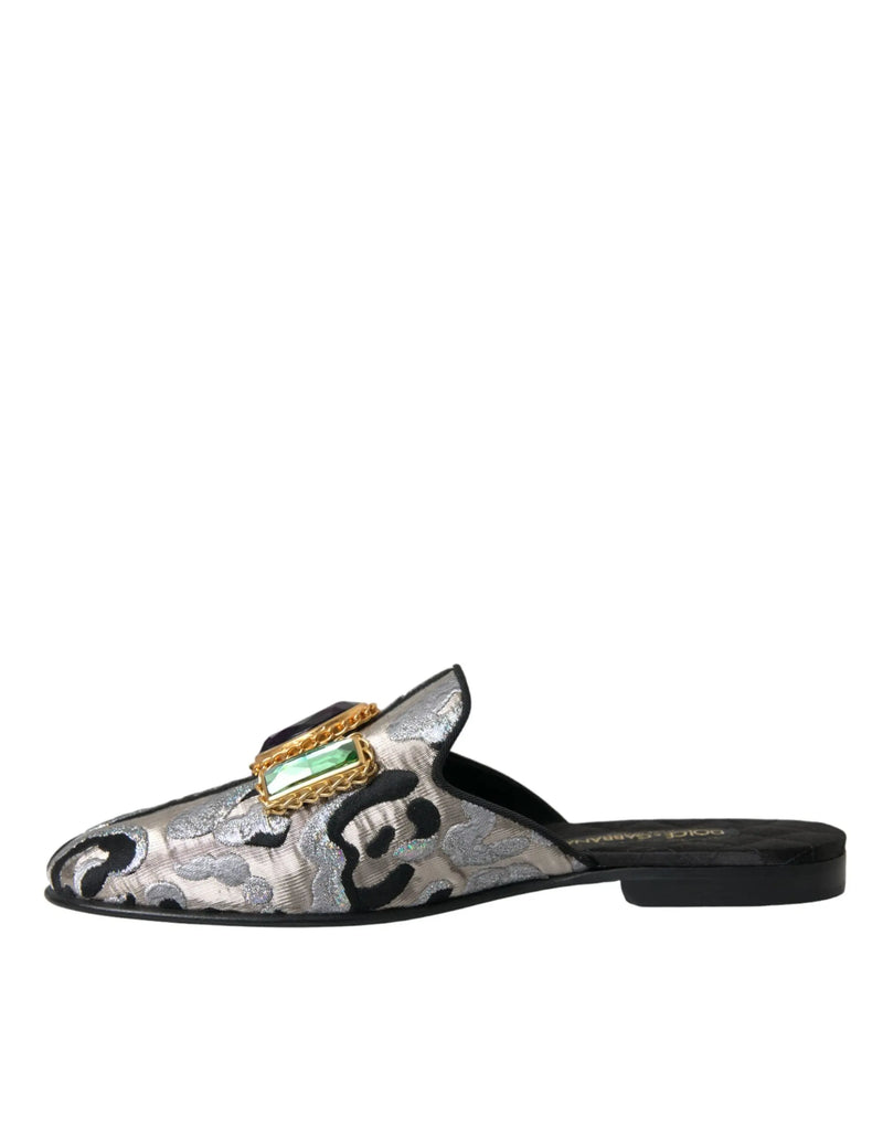 Gray Jacquard Crystal Mule Flat Sandals Shoes Dolce & Gabbana