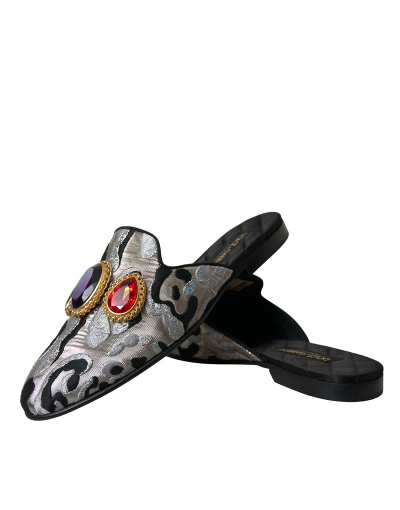 Gray Jacquard Crystal Mule Flat Sandals Shoes Dolce & Gabbana