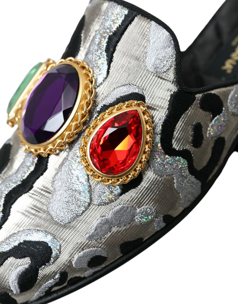 Gray Jacquard Crystal Mule Flat Sandals Shoes Dolce & Gabbana