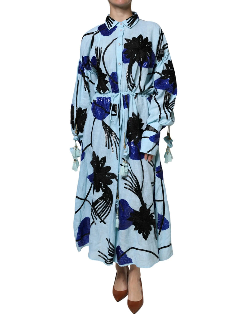 Light Blue Floral Embellished Shirt Maxi Dress Christian Pellizzari