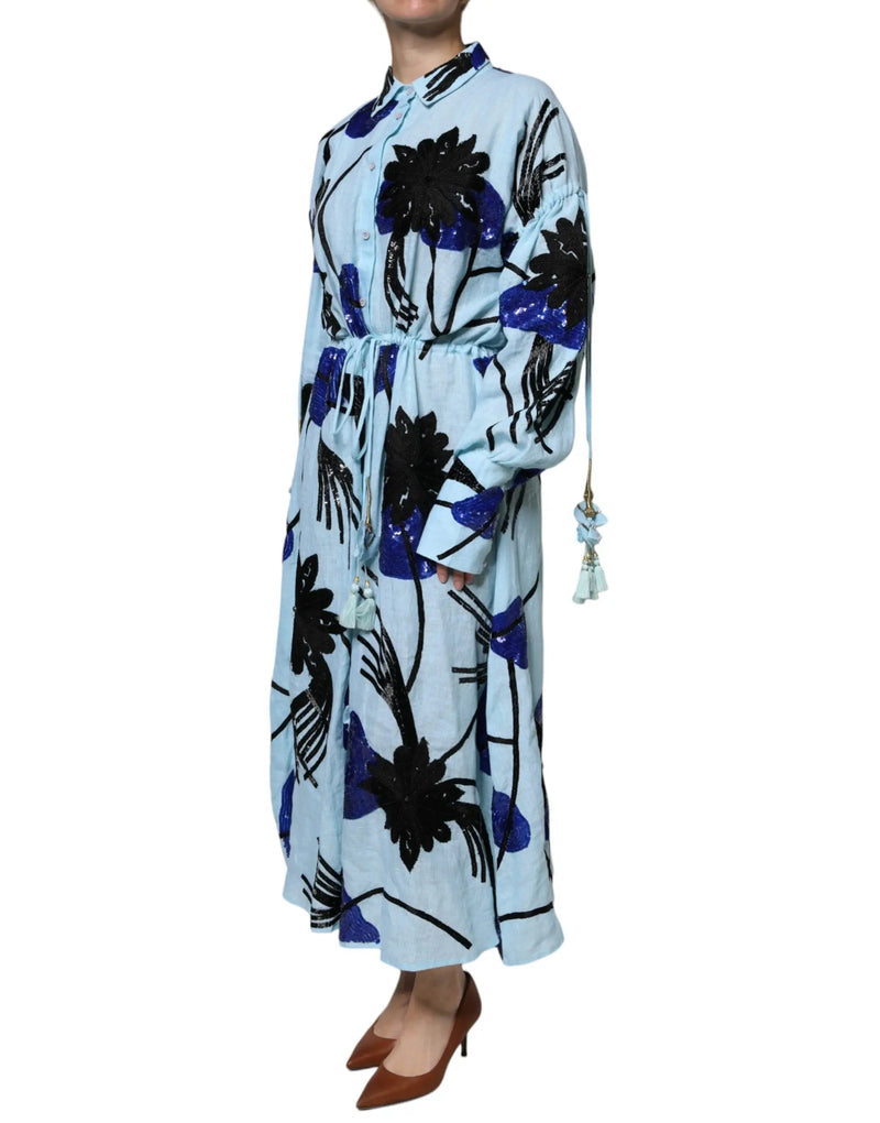 Light Blue Floral Embellished Shirt Maxi Dress Christian Pellizzari