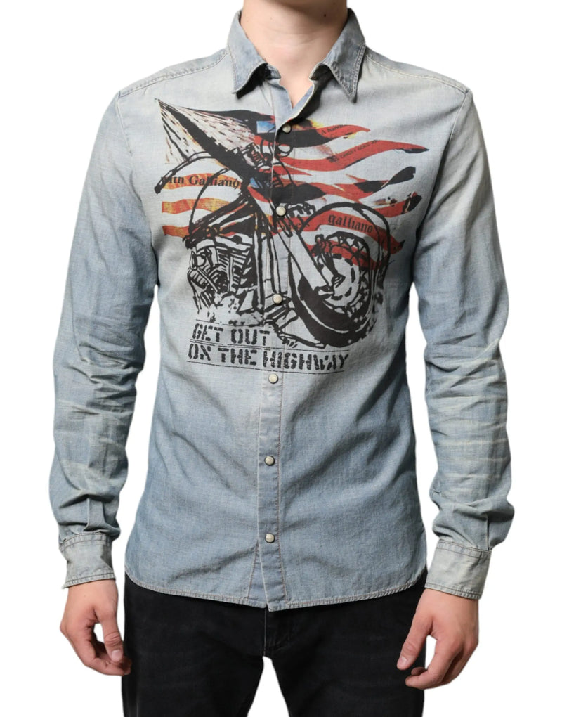 Light Blue Printed Cotton Denim Long Sleeves Shirt John Galliano