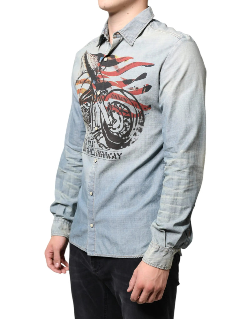 Light Blue Printed Cotton Denim Long Sleeves Shirt John Galliano